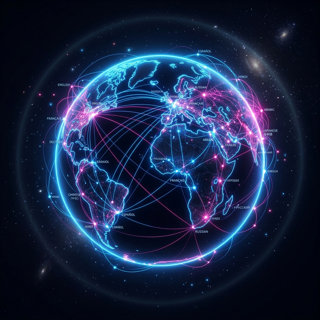World map with data connections representing global AI search visibility across languages